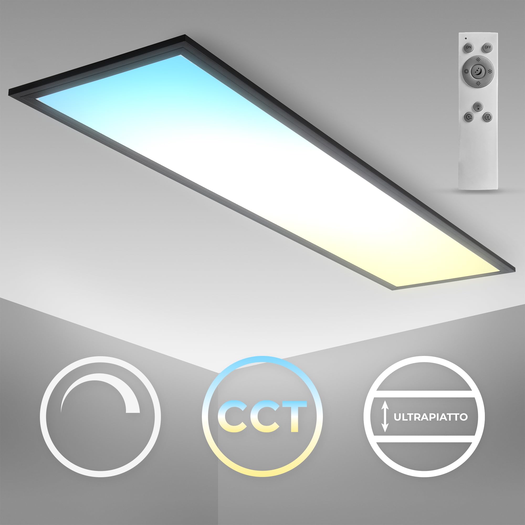 B.K.Licht - Pannello LED con telecomando, piatto, regolabile da bianco caldo a bianco freddo, pannelli led, pannelli led soffitto, pannelli luminosi LED, luce pannello led, 100x25x6,5 cm, nero