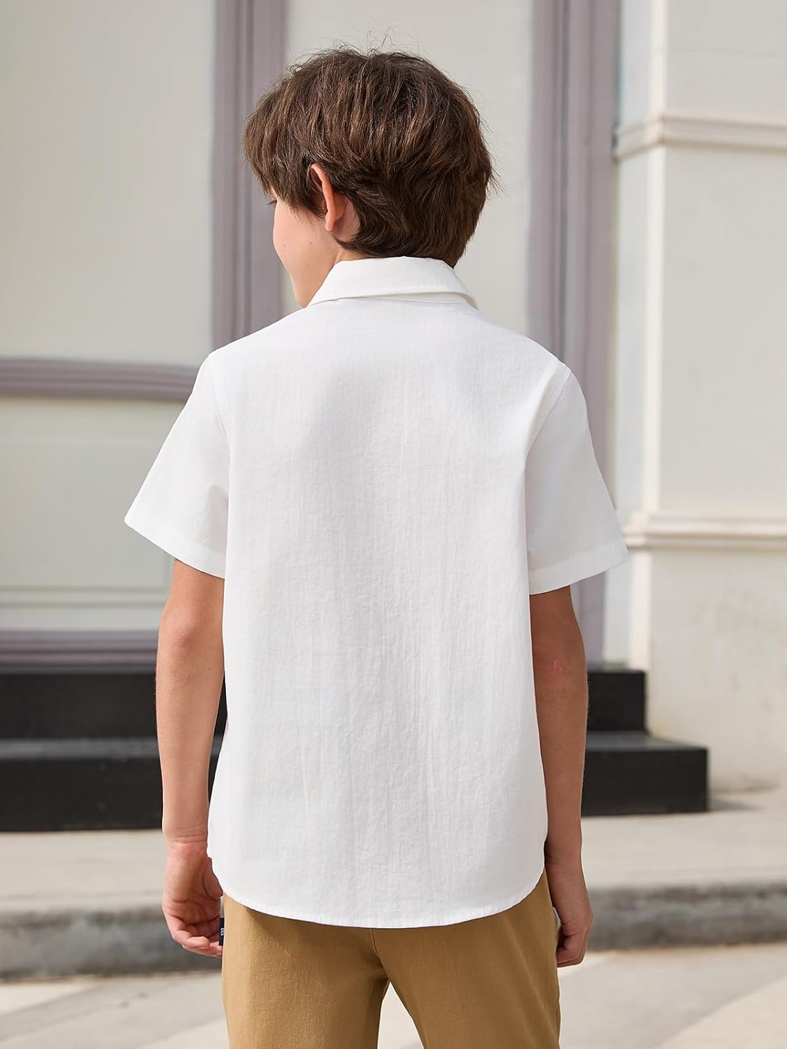 Haloumoning Boys Short Sleeve Button Down Shirt Kids School Uniform Dress Shirts with Chest Pockets 5-14 Years - Image 5