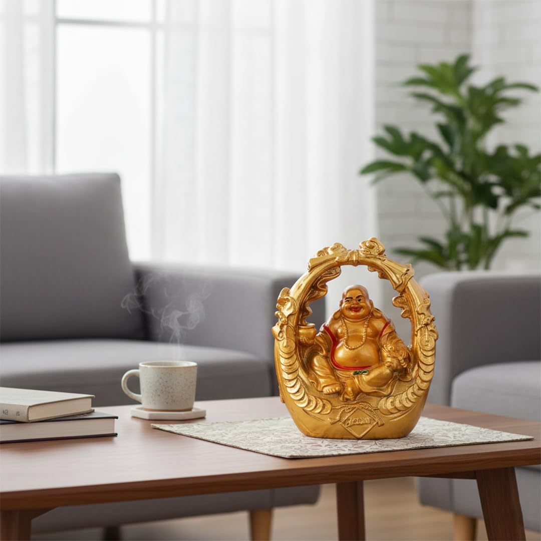 Fengshui Laughing Buddha Sitting on Basket for Wealth, Good Luck and Success Decorative Showpiece Home, Office, Living Room Decor (Polyresin, Golden)