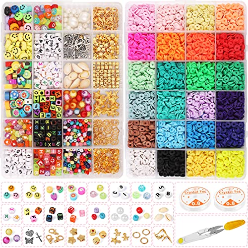 PLoDuck 6000+ Pcs Clay Flat Beads 6mm 24 Colors heishi Round Polymer Clay 24 Style Flower Fruit Number Smiley Face Letter Charms and Pendants Spacer Bead for DIY Jewelry Making Bracelets Necklace Kit