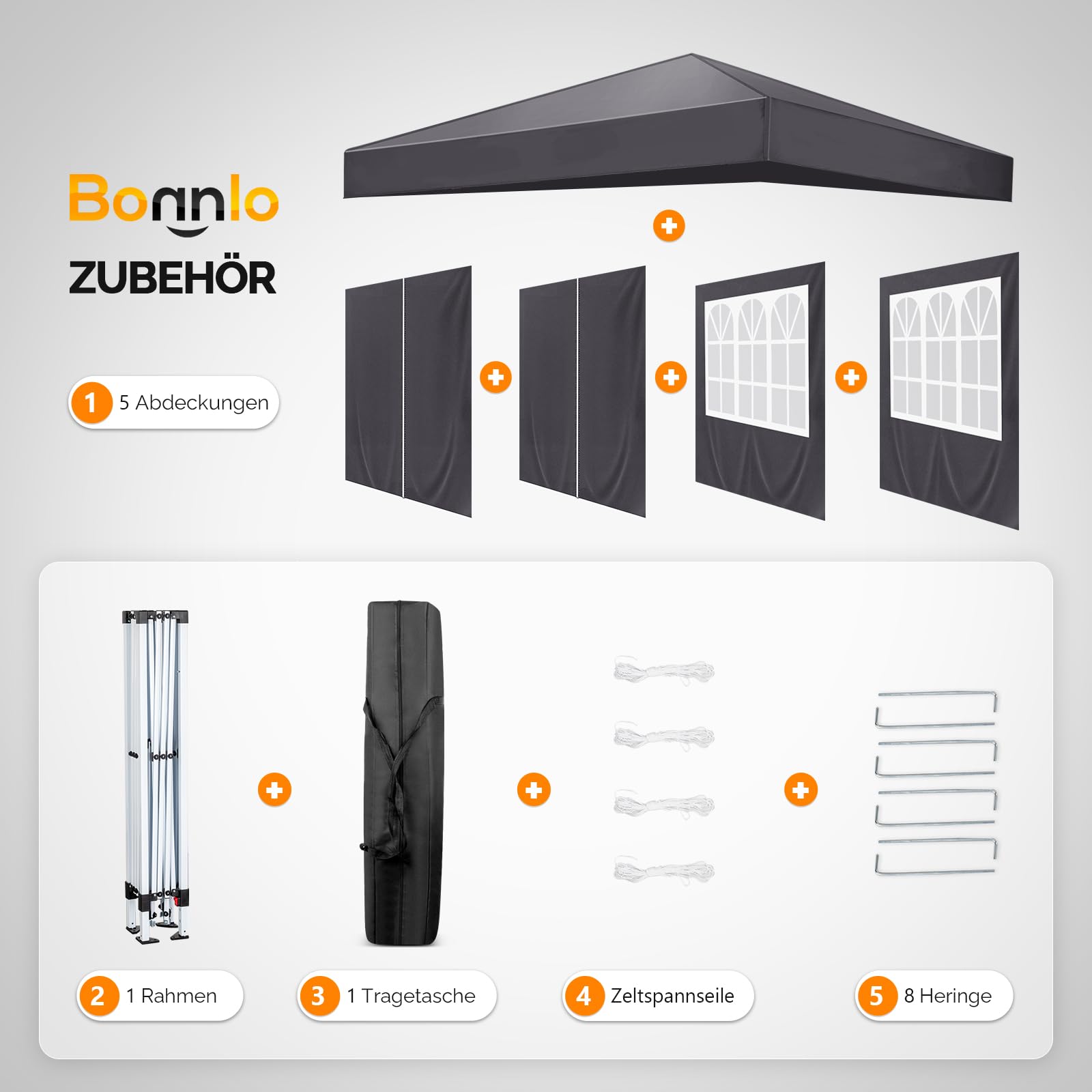 Bonnlo Pop-up Pavillon, Faltpavillon 3x3m, Höhenverstellbar, Wasserdicht Partyzelt mit 4 Seitenteilen, Gartenpavillon für Outdoor Hochzeit Garten Camping Party, Grau