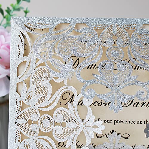 Hosmsua 50PCS Silver Glitter Laser Cut Wedding Invitation Cards with Envelopes, 6.3" x 6.3" Inch Hollow Lace Rose Invitations for Quinceanera Wedding Bridal Shower Engagement Invite by Hosmsua - Image 6