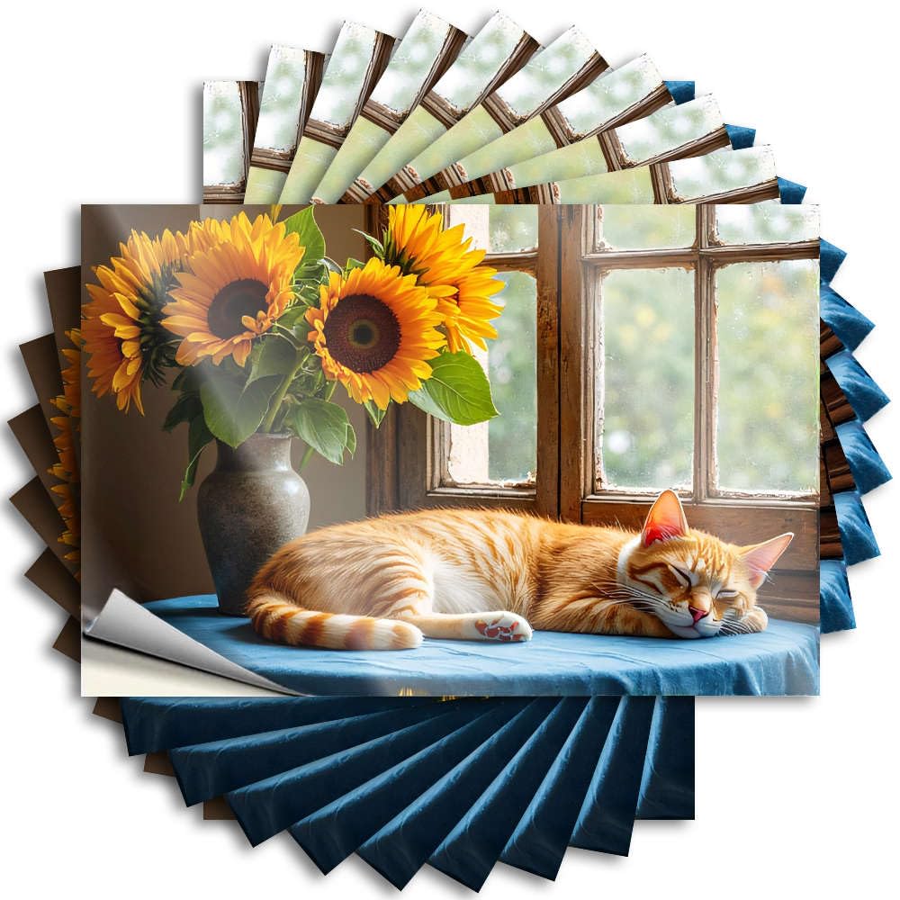 Decal Stuff for Bedroom Easy Apply | A Ginger Cat Lounges On A Table Beside A Vase of Sunflowers. Funky Cover Peel and Stick(12X18CM)