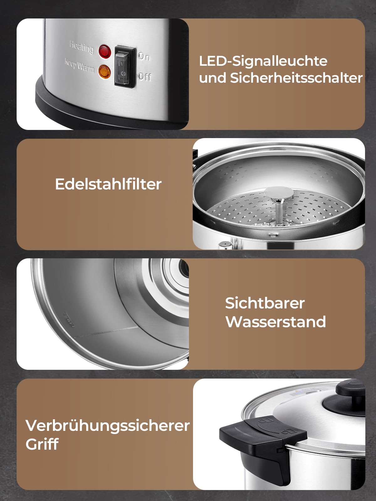 FOHERE Percolateur à Café 15L 150 Tasses/H Distributeur de Boissons Chaudes, Récipient Chauffant 1500 W en Acier Inoxydable, Fonction de Brassage Et de Maintien au Chaud mit Robinet de Sécurité