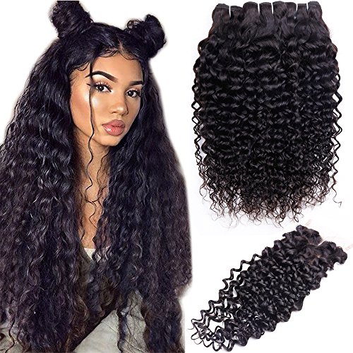 3 Bundles Water Wave Bundles with Closure (26 28 30+20inch,Middle Part) RESACA 10A Grade Brazilian Human Hair Bundles with Closure Wet and Wavy Human Hair Extension