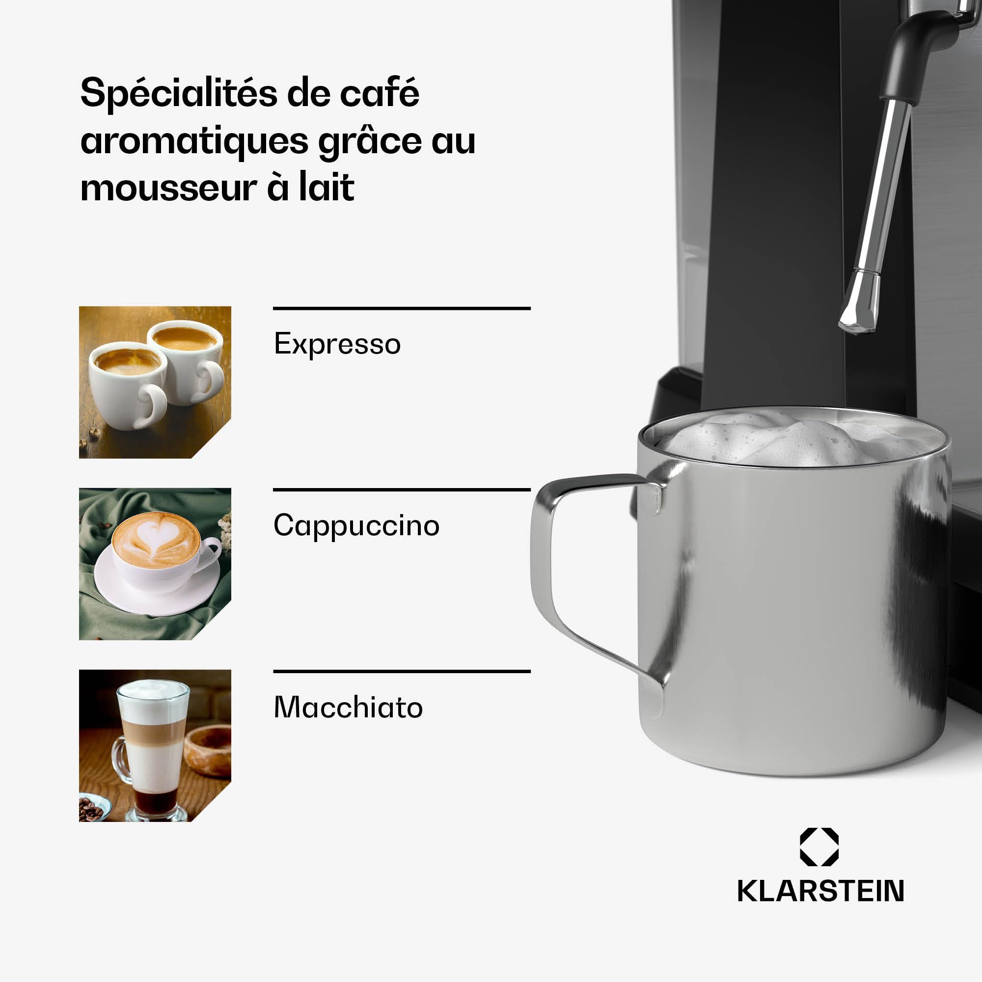 KLARSTEIN GrandPresso Machine à Café Grain – 20 Bars, 1350W, Moulin Intégré, Buse Vapeur, Réservoir 2.3L, Noir, Cafetière à Grain avec Broyeur, Design Compact, Facile à Nettoyer
