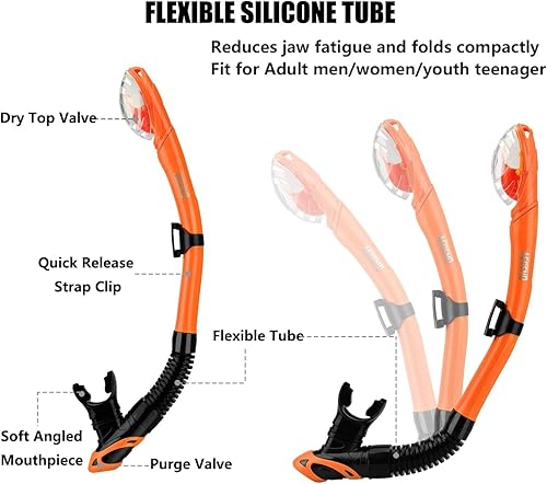 Miniatura 43 de Aegend Esnórquel seco, máscara de buceo fácil de respirar, esnórquel para esnórquel, buceo, buceo, apnea, natación, con válvula seca superior