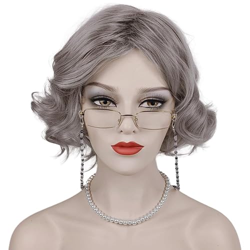 Juego de peluca y accesorios de abuelita de anciana, peluca corta gris para disfraz de abuela de Halloween