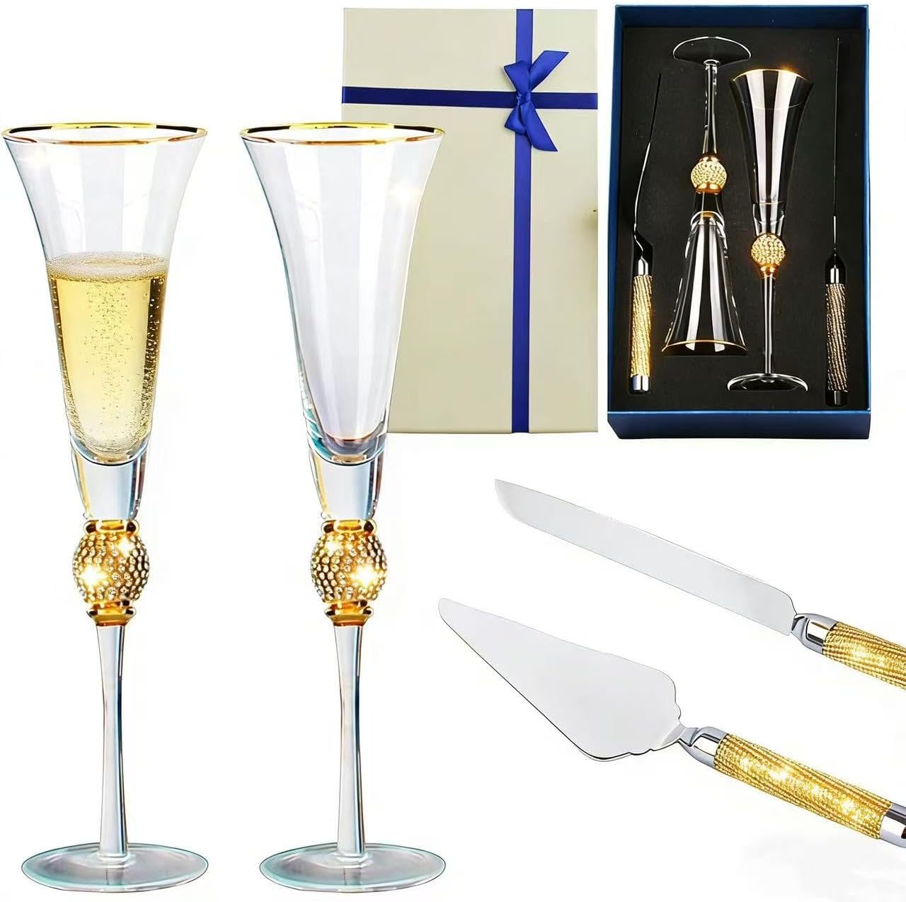 Wedding Toasting Flutes and Cake Server Set of 4,Wedding Champagne Flutes, Gold Weddings Cake Knife and Servering Set, Weddings Reception Supplies Champagne Glasses Cakes Knife Pie(Gold)