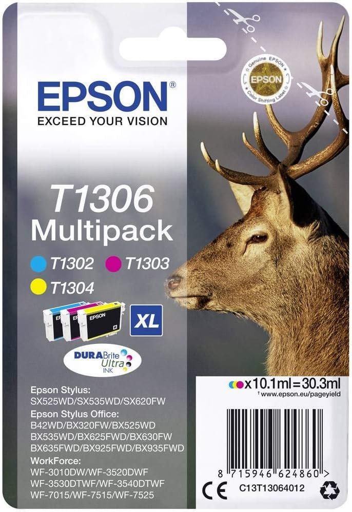 Epson T1306XL Stag Genuine High Yield Multipack, 3-colours DURABrite Ultra Ink Cartridges