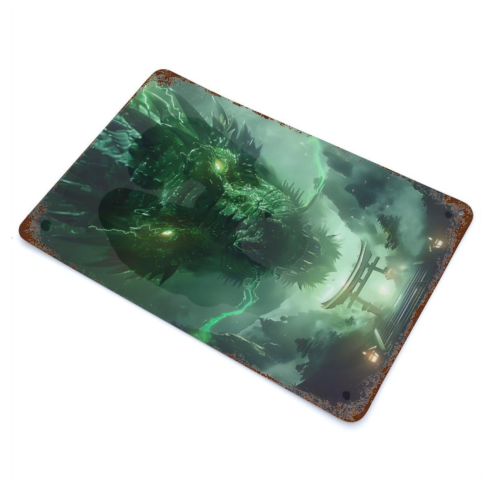 Torii Gate Dragon Legend 11.8"x7.9" Aged Metal Wall Plaque, Novelty Wall Decor for Garage, Bar And Workshop Decor