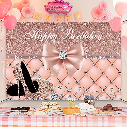 Awert Polyester 6X3.6Ft Happy Birthday Banner Glitter High Heels Diamonds Bowknot Rose Gold Sign Poster For Birthday Backdrop For Women Girls Birthday Party Decorations Banner #TOP1