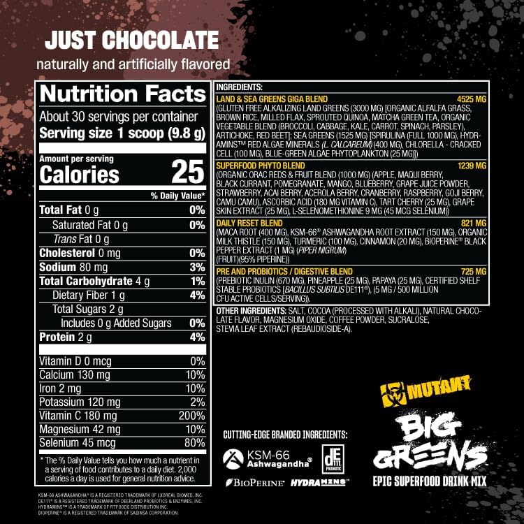 Mutant Big Greens | Green Supplement | Over 40 superfoods Land & Sea Greens – Reds, Antioxidants, phytonutrients, 1000mg spirulina – Pre & Probiotic Blend | 30 Serving – Just Chocolate