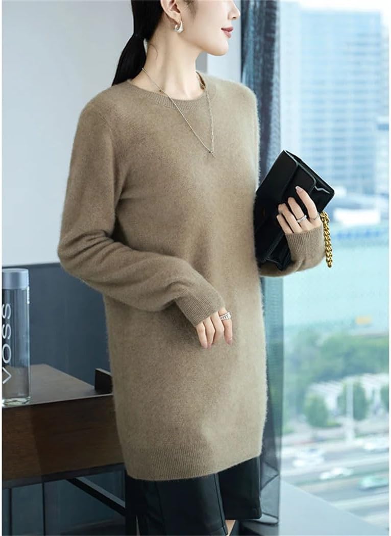 Women's 100% Wool Long Knitted Sweater Crewneck Long Sleeve Fashion Pullovers Winter Office Casual Loose Tops