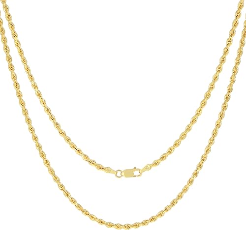 Miniatura 8 de Nuragold 14k Real Yellow Gold 3mm Solid Rope Chain Diamond Cut Necklace (16"-30") Italian Jewelry for Men & Women