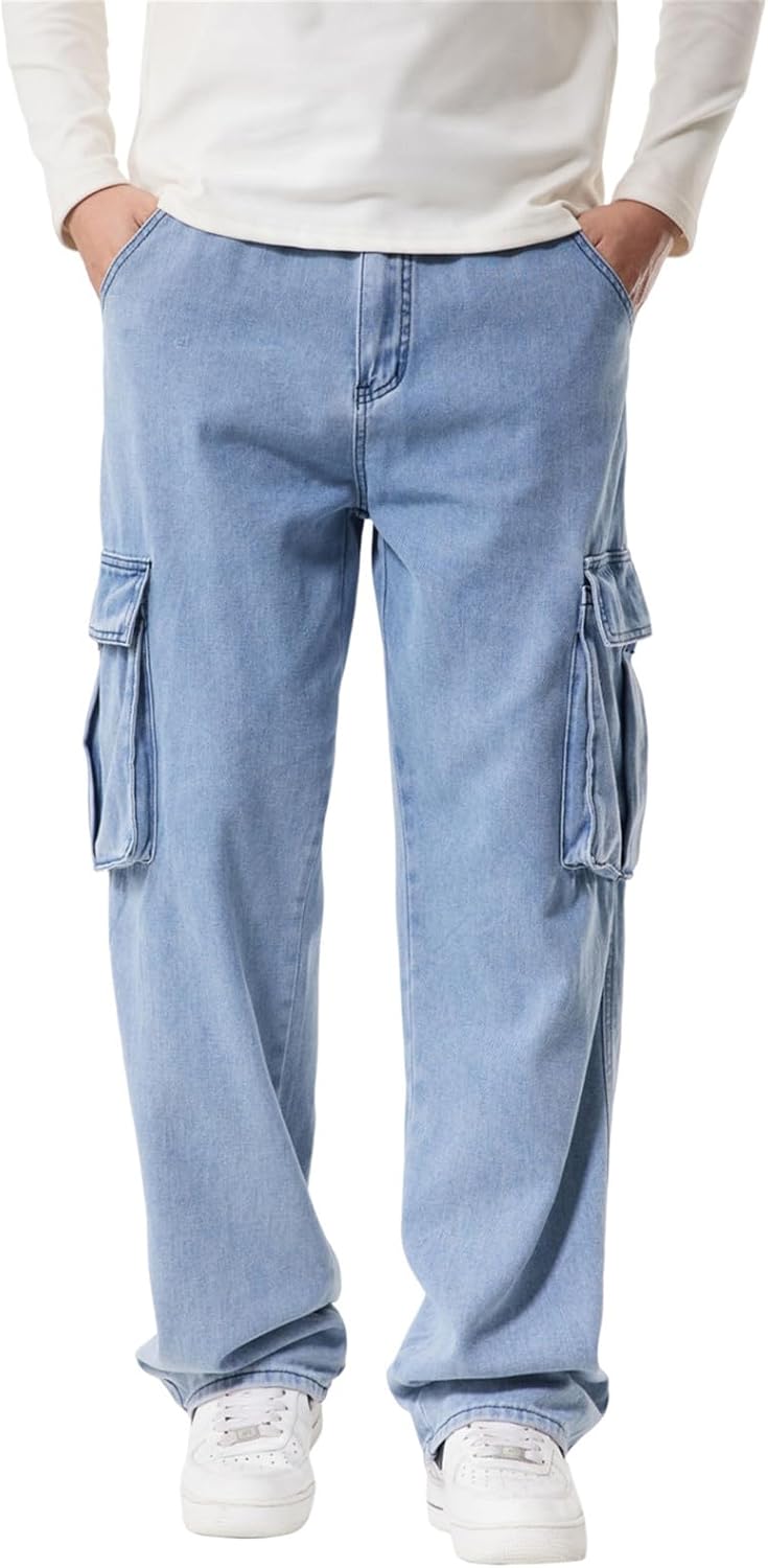 LUOBANIU Men's Cargo Baggy Jeans with Multiple Pockets Tactical Joggers Utility Work Pants Relaxed Fit for Outdoor Streetwear