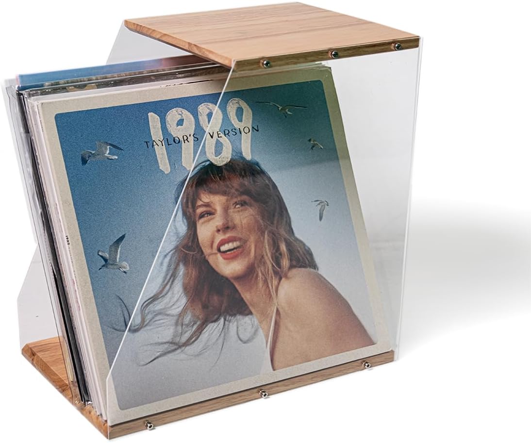 Vinyl Record Storage Rack, 40LPs+ Capacity Wooden Vinyl Albums Display Organizer with Acrylic Board, Quick Assembly Retro Style Record Storage Box for CD, Magazine, File
