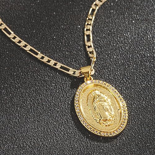 14K Gold Plated Guadalupe Virgin Mary Oval Pendant Necklace for Women Men Zircon Inlay Virgin Mary 3mm Flat Figaro Chain Necklace3