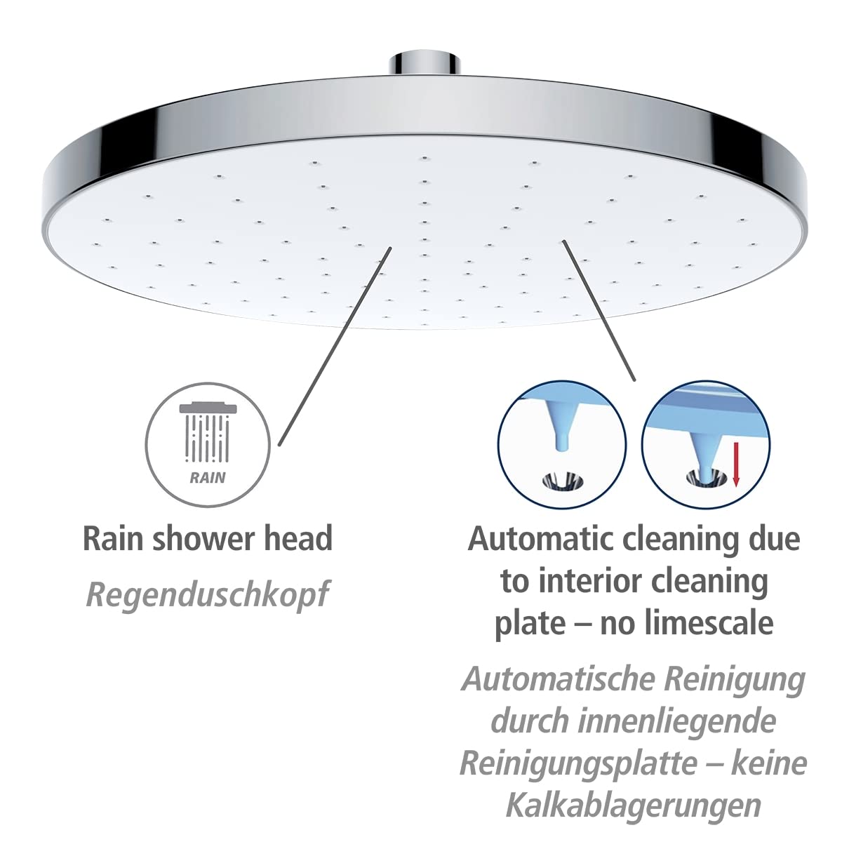 WENKO Doccia a pioggia Automatic Cleaning - Soffione universale con sistema anticalcare automatico, ABS, 22.5 x 22.5 cm, Cromo
