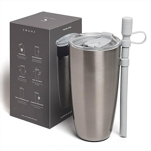 SWANZ Vaso térmico de acero inoxidable con tapa y pajita, vaso térmico reutilizable para bebidas calientes y frías, taza de viaje de café, botella