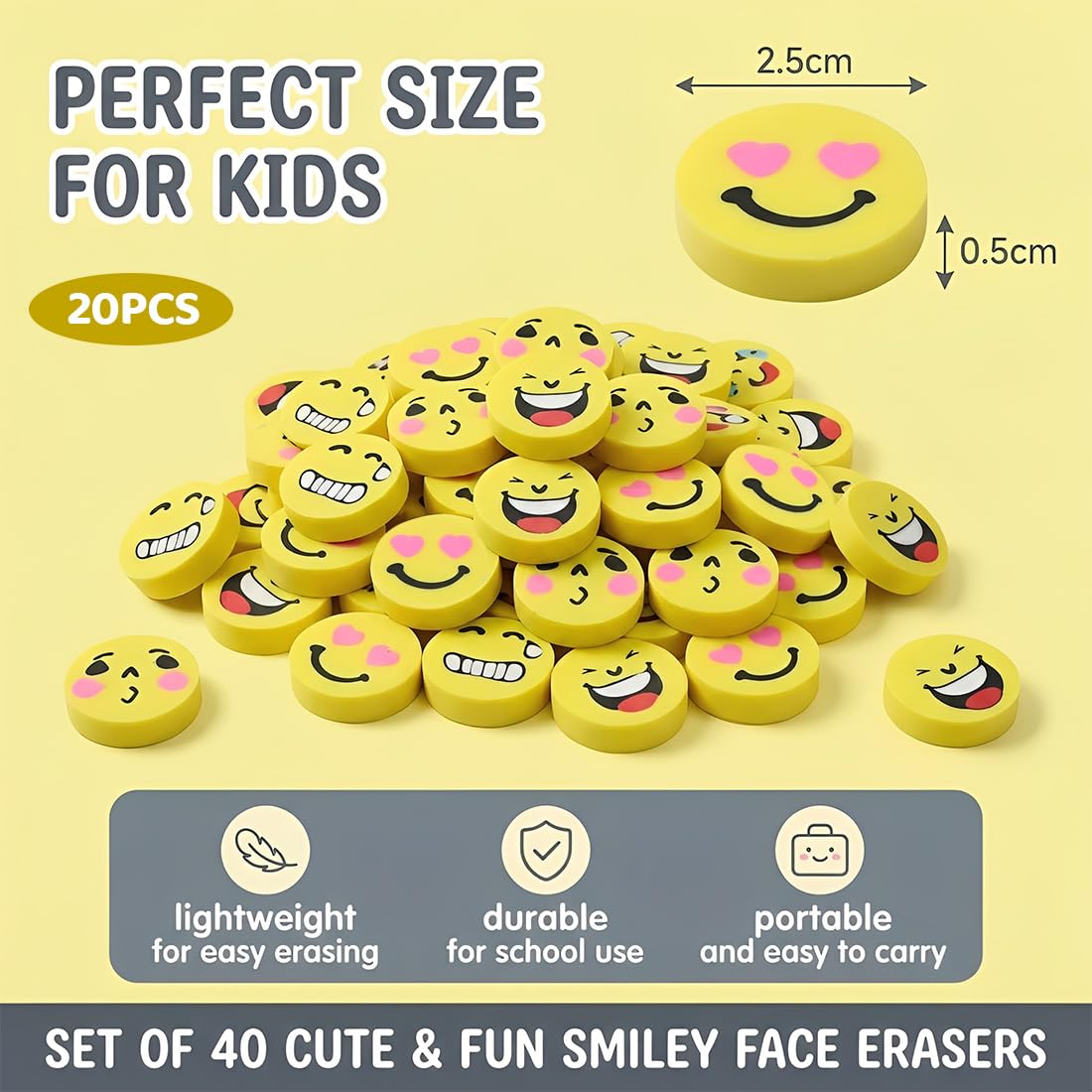 Borrador De Cara De Risa, 20 Unidades, Emoji, Amarillo, Tamaño 2,5 Cm, Para Niños, Estudiantes, Regalos De Cumpleaños