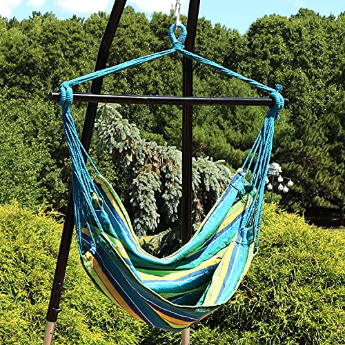 Sunnydaze Hanging Rope Hammock Chair Swing With Collapsible Bar - Hanging Chair Seat For Backyard & Patio - 265-Pound Weight Capacity - Ocean Breeze #TOP1