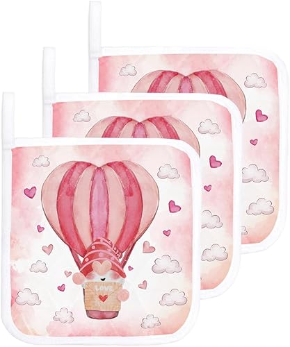 3 Packs Valentine's Gnomes Pot Holders Sets for Kitchen,Oven Pan Plate Bowl Pads Heat Proof Mat with Hanging Loop,Thick Terry Cloth Potholders Soft