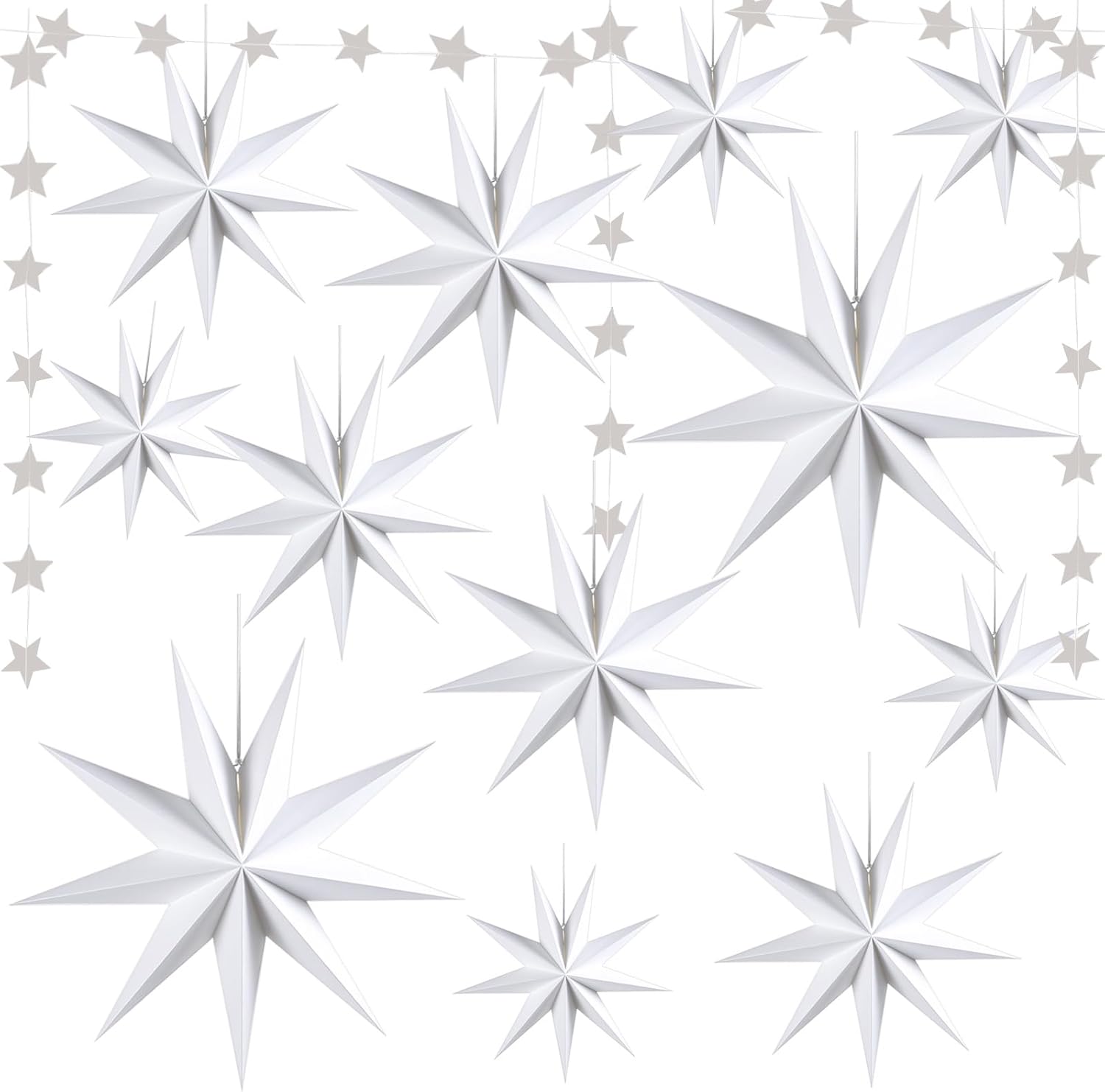 12 Pack 9-Pointed Large 3D Paper Star Lanterns with Star Garland Hanging Lanterns Lampshade for Themed Party, Home Wedding, Birthday Decorations (White)
