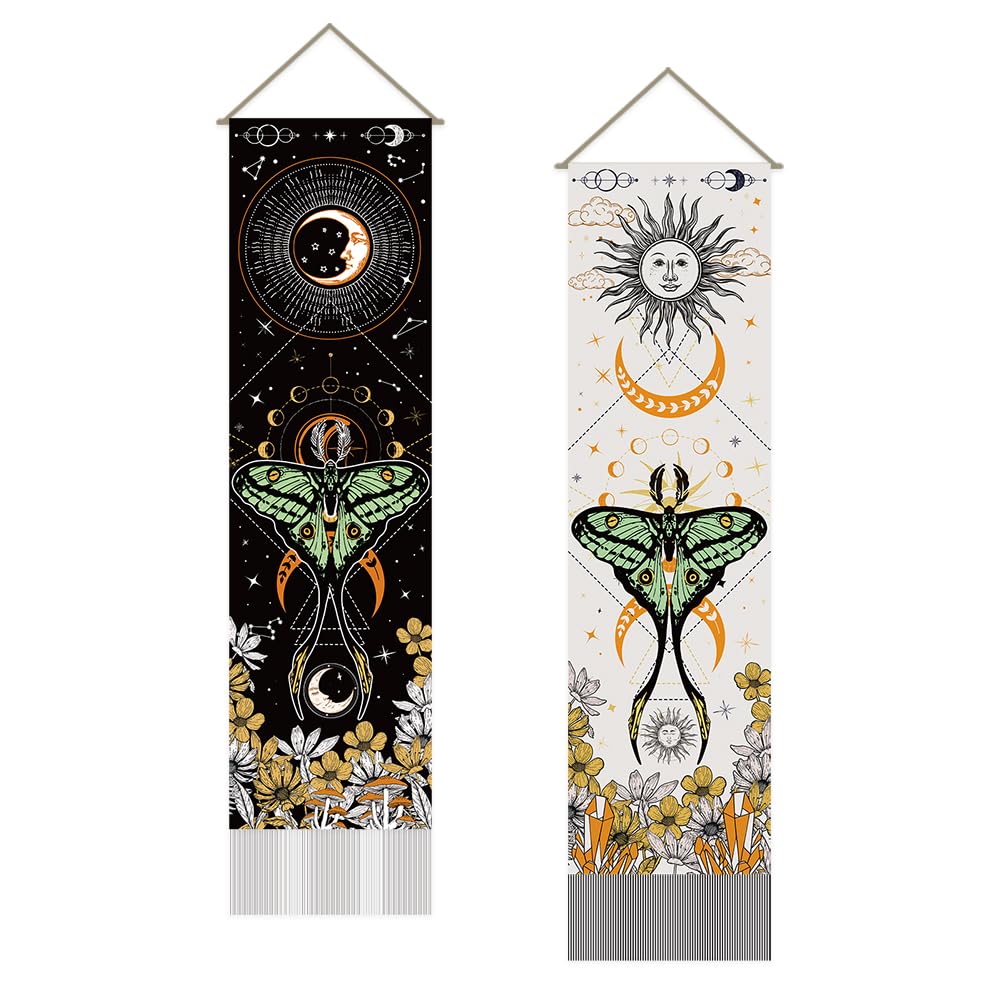 SUPERDANT Moon Sun Tapestry Divination Wall Hanging Flower Wall Blanket Pack of 2 Tapestries Long Tapestry with Tassel Design Moth Witchy Home Decor for Living Room Bedroom Dorm Backdrop Decorations