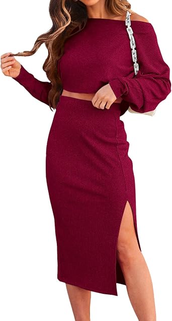 dowerme Womens 2 Piece Outfits 2025 Fall Long Sleeve Crop Tops Slit Bodycon Ribbed Knit Midi Skirt Sets Lounge Wear