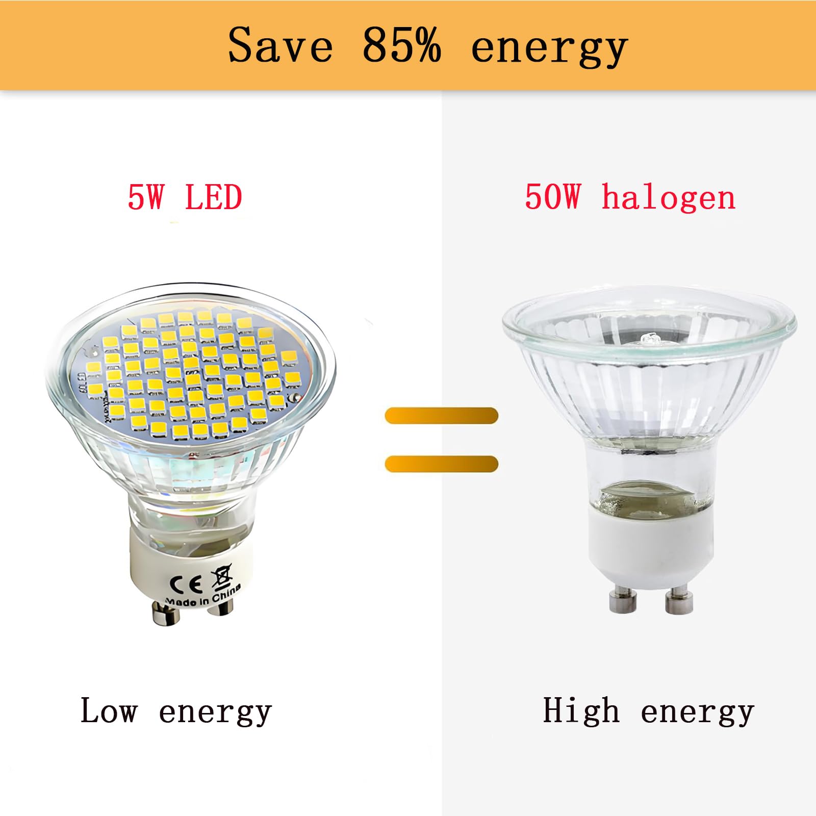 Pack de 10 Bombillas Led Foco GU10 Cristal, 5W Equivalente 50W Halógena, 60 Chips de LED, 500 Lúmenes, 6000K Blanco Frío, 120° Angulo de haz, AC 85-265V, No Regulable