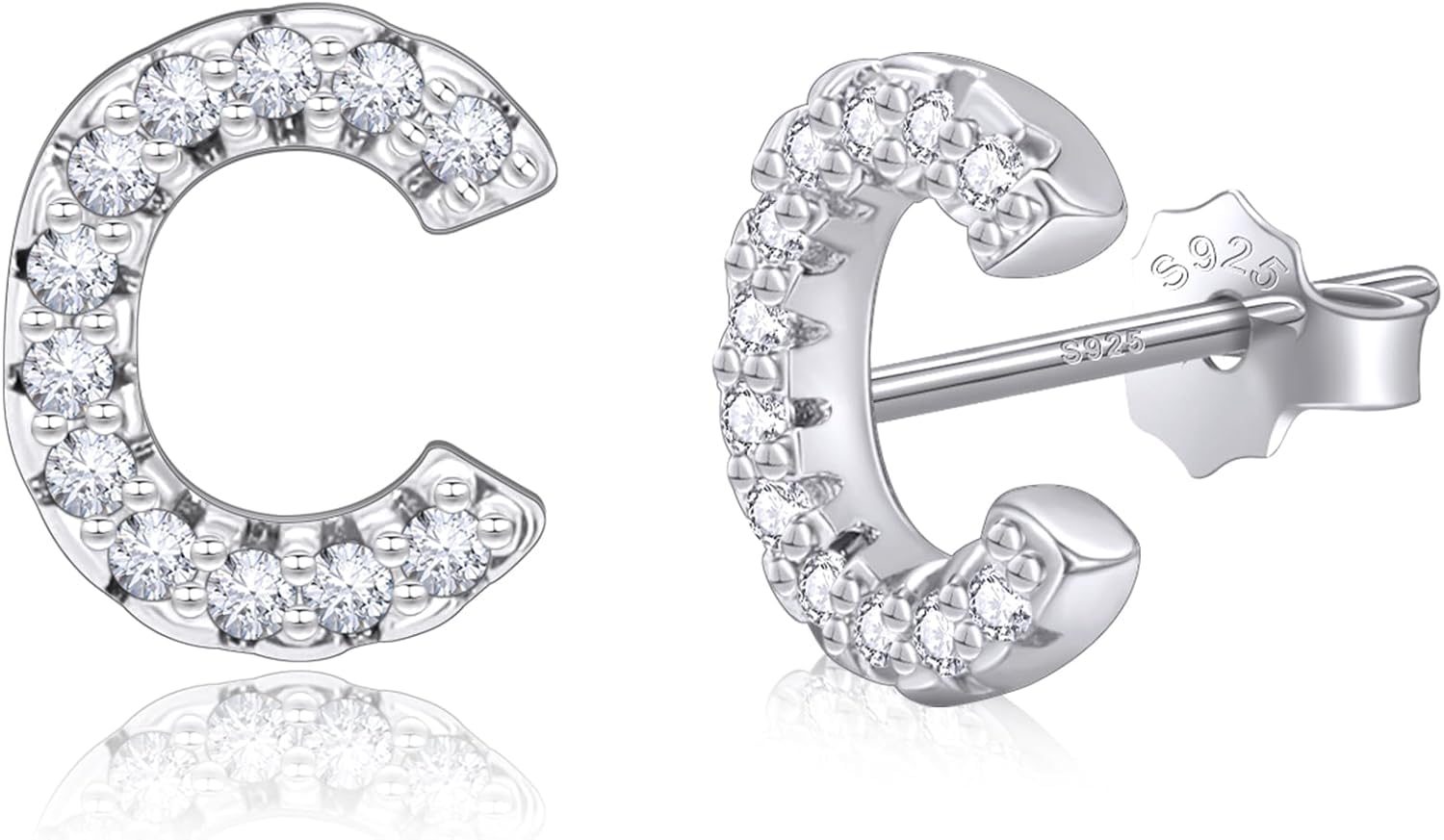 S925 Orecchini a bottone ipoallergenici con retro piatto da donna | Lettera in oro 14 carati/oro bianco con zirconi Dainty Tragus Gioielli per tutti i giorni, matrimoni e regali