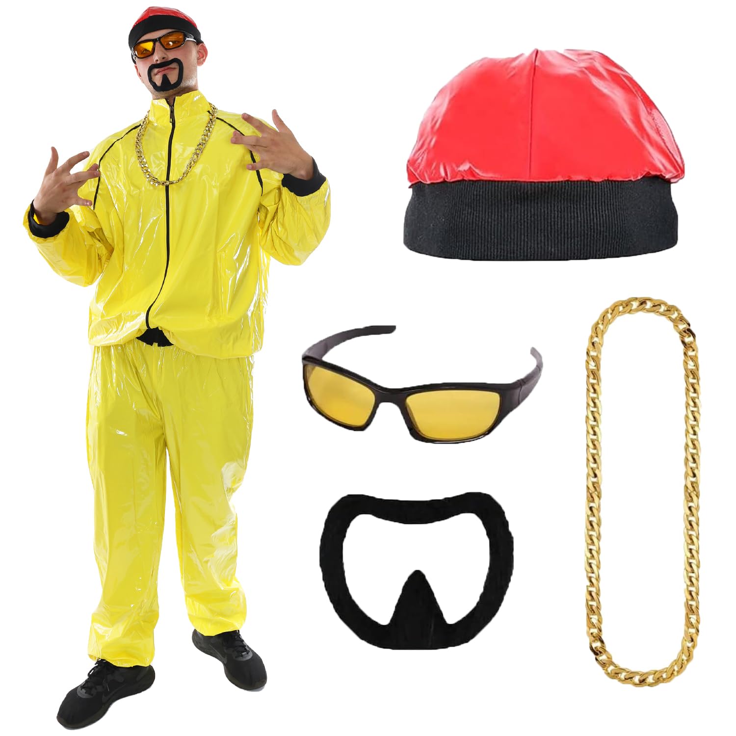 Adults Yellow Rapper Costume - Yellow & Black Shellsuit + Red Hat + Sunglasses + Gold Chain + Black Goatee - Funny 90s Celebrity Rapper Halloween Stag Do Fancy Dress Costume