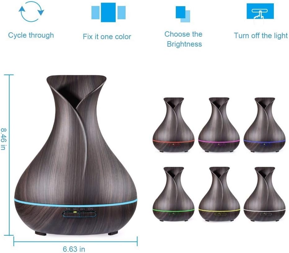 Vase Shape Essential Oil Diffuser 500ML Air Humidifier Wood Grain 7 Color LED Light Ultrasonic Cool Mist Maker Aroma Diffuser(Dark Wood Grain,UK)