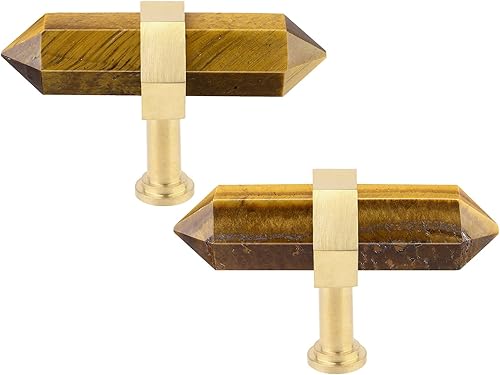 Cheungshing 2 perillas hexagonales de cristal de amatista con tornillos barra en T tiradores de piedra de latón cepillado para gabinete cocina