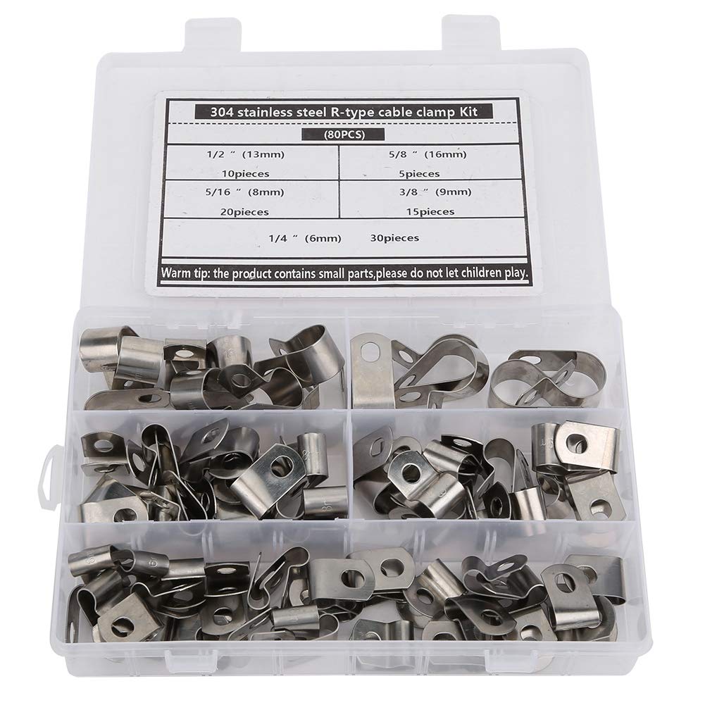 Respicefinem Hardware Clip Cable Clamp 20. 0×13. 0×4. 0 80Pcs R Type Clip Cable Clamp Kit Hardware Parts 304 Stainless Steel Resistant 6-16Mm Cable Clamps Metal Clips Clamp