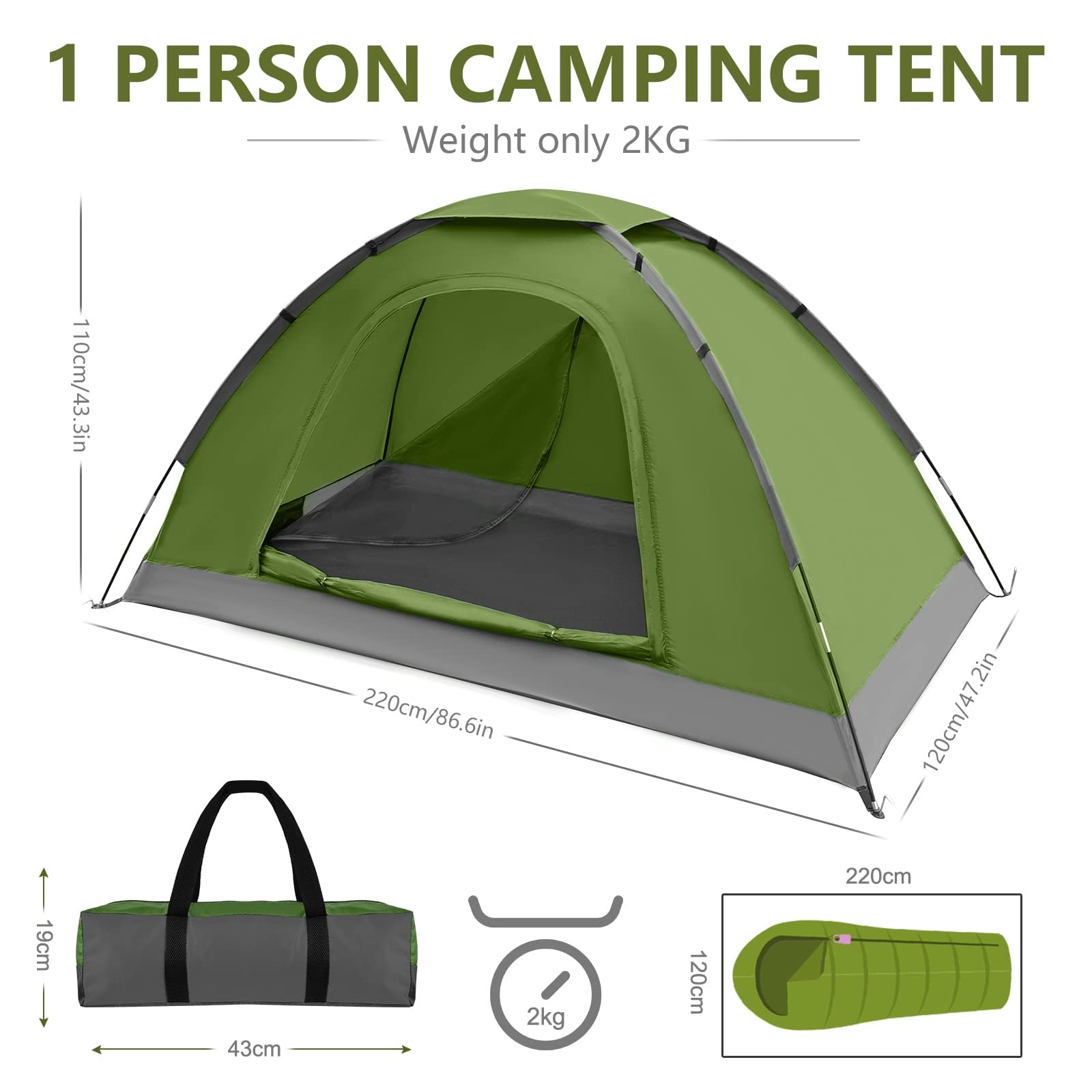 1 Personen Camping Zelt - Leicht Kuppel Campingzelt Rucksackzelt mit Anti Moskito Klarsicht Fenster Bildschirm 3000 mm Wasserdicht, Einfache Installation für Camping Outdoor Wandern