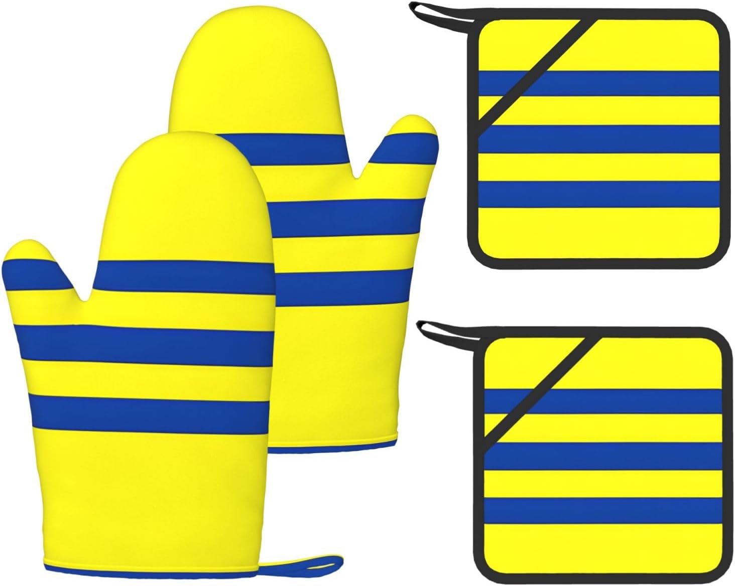 Yellow and Blue Stripes 4pcs Oven Mitts and Pot Holders Sets for Kitchen, Silicone Oven Gloves Non-Slip Potholders Hot Pads for Baking Cooking