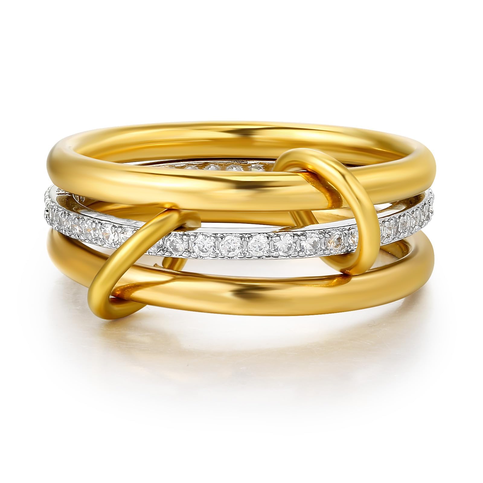 Stackable Rings for Women 14K Gold and White Gold, 3PCS 2mm Dainty Band Ring Set, Stainless Steel and Brass, Cubic Zirconia Accent, Size 6-10 9#