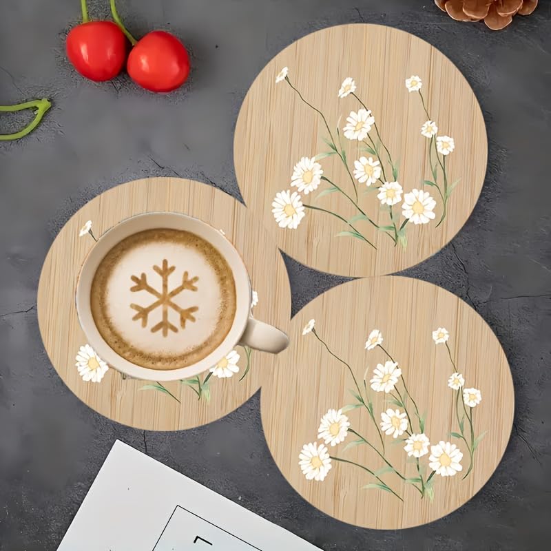Image of 6pcs Daisy Pattern Wooden Coasters Set - Simple Style, Hand Washable, Natural Animal Theme, Ideal for Home Decor and Gifts, Festive Gift Item|Natural Theme Decor|Handwashable Coasters
