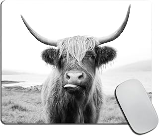Black and White Mouse Pad, Scottish Highland Cow on Isle of Mull Mouse Pad, Mouse Mat Square Mouse Pad Non Slip Rubber Base MousePads for Office Laptop, 9.5"x7.9"x0.12" Inch