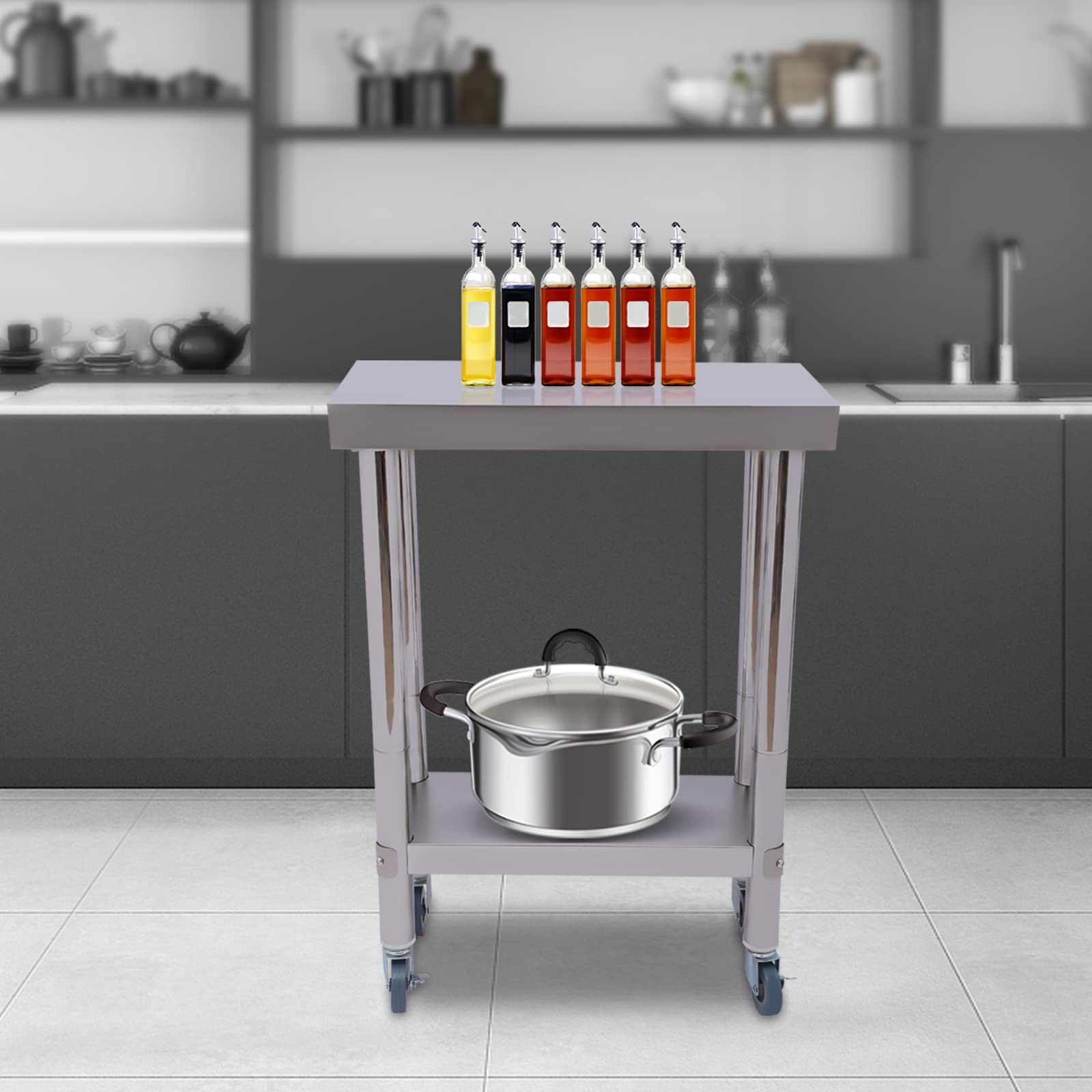 Mesa de trabajo de acero inoxidable para preparación y trabajo, mesa de trabajo de preparación de alimentos resistente con estante inferior para restaurante, hogar y hotel (60 x 30 x 85 cm)