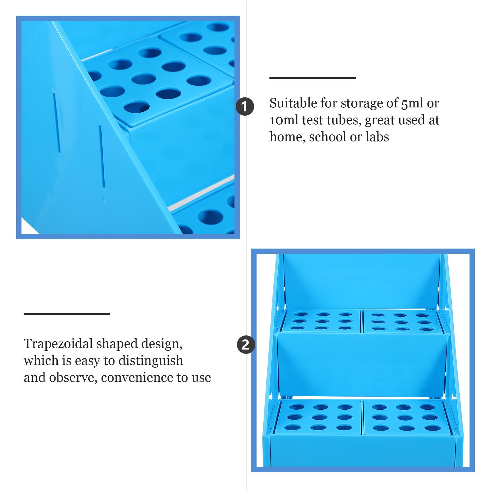 UKCOCO Portaprovette Multifunzione 72 Fori in Plastica Blu, Supporto per Provetta da 5ml e 10ml, Smontabile e Facile da Montare, Design Trapezoidale per Laboratori e Scuole
