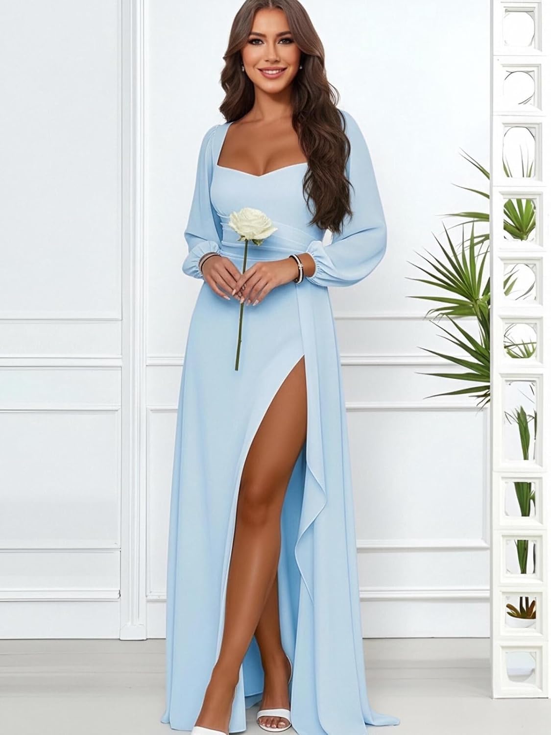Long Sleeve Bridesmaid Dresses with Slit Ruffles Chiffon Square Neck Corset Maxi Formal Dresses for Women - Image 6