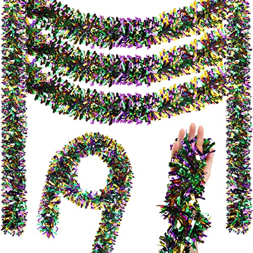 Jutom 6 Rolls 108ft Mardi Gras Tinsel Garland Green Purple Gold Wide Cut Metallic Streamer Shiny Twist Garland Hanging Decor for Carnival Tree Oktoberfest Disco Party Supplies