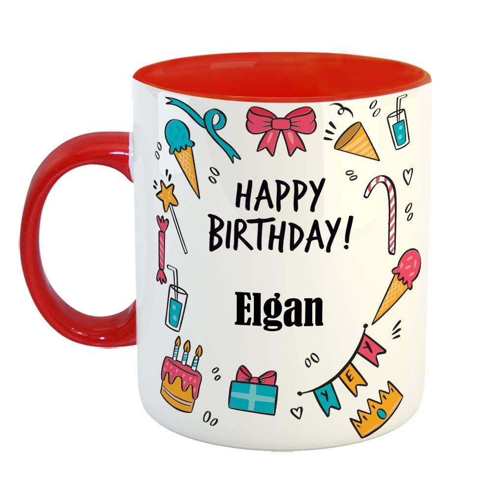 FurnishFantasyCeramic Coffee Mug - Best Gift for Happy Birthday Mug , Color - Red, Name - Elgan