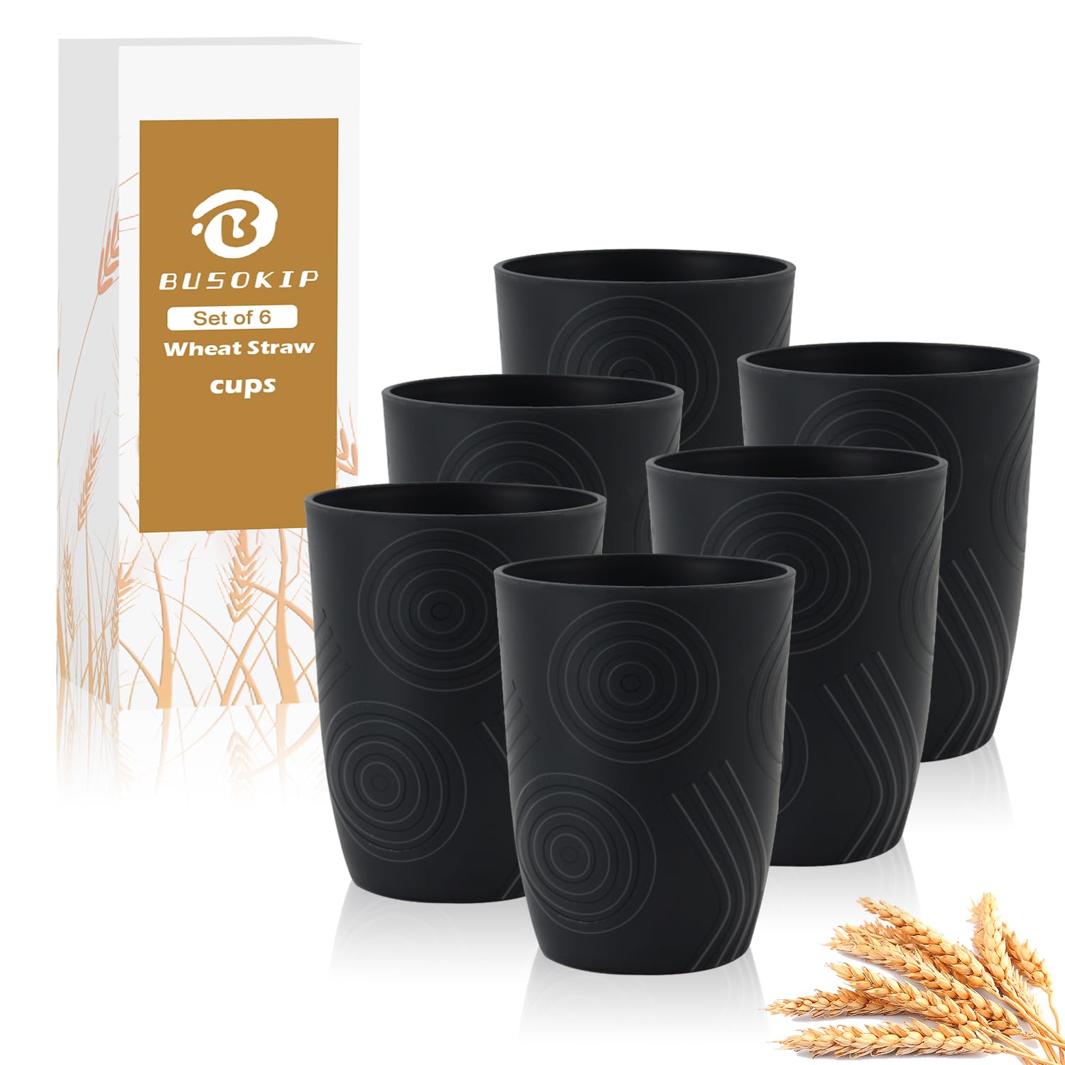 12oz Wheat Straw Cups Sets of 6, Plastic Cups Reusable (Black)