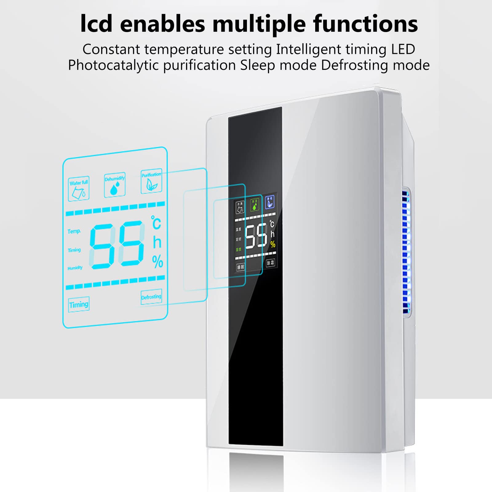 90W Deshumidificador Portátil 2.2L Tanque para el garaje del cuarto de baño del dormitorio, Descongelación automática, modo de sueño, eliminación silenciosa de la humedad, pantalla LCD, ahorro de ener
