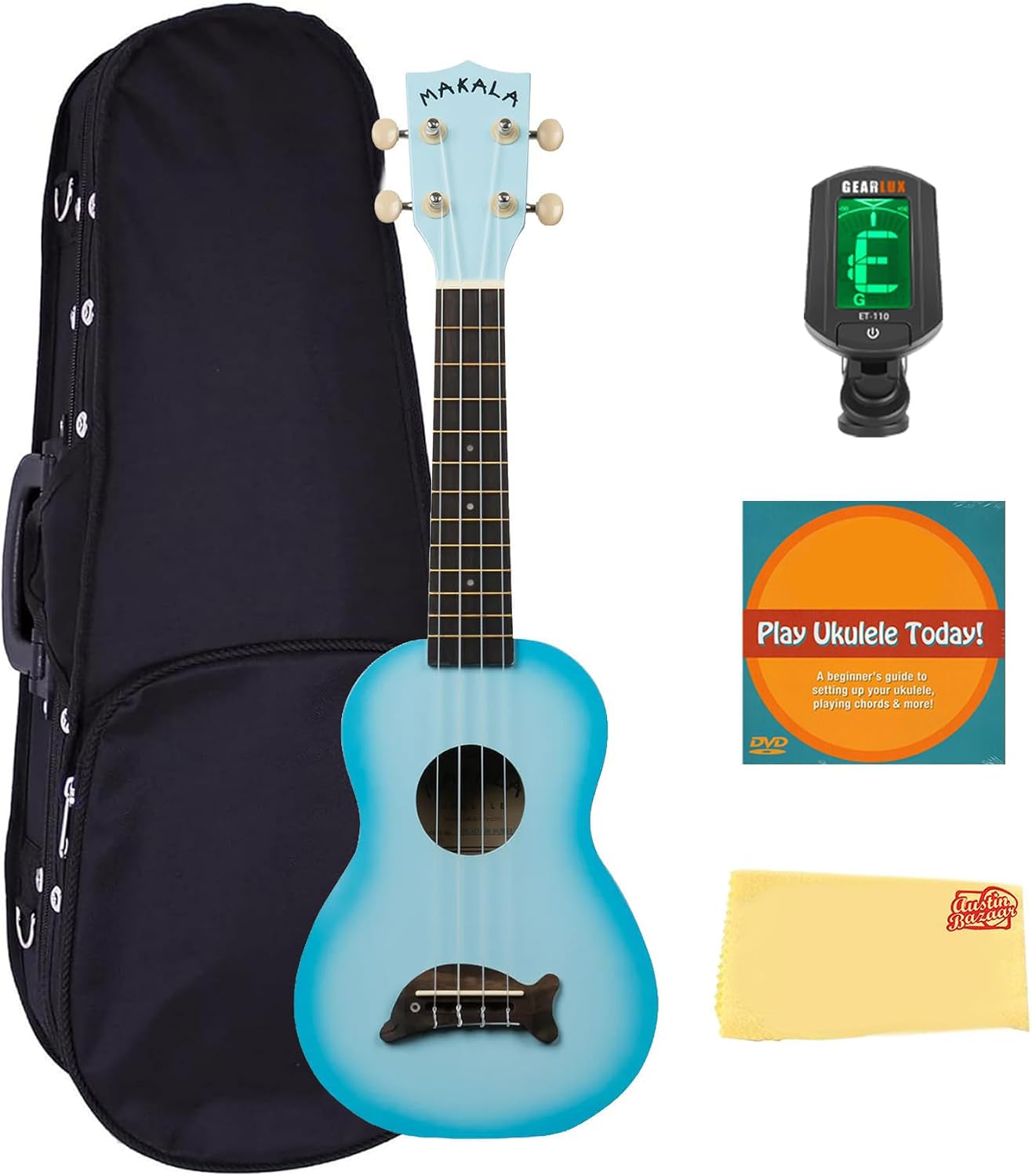 Kala MK-SD-LBBURST Makala Dolphin Soprano Ukulele - Light Blue Burst Bundle with Gig Bag, Tuner, Austin Bazaar Instructional DVD, and Polishing Cloth