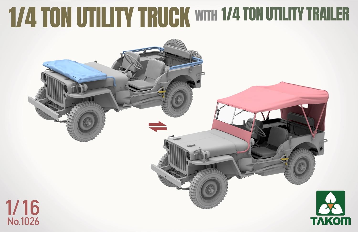 TAKOM TAK1026 1/4 ton Utility Truck z przyczepą - zestaw modelarski 1:16 - amerykański samochód terenowy z figurką kierowcy i częściami PE - niezmontowany
